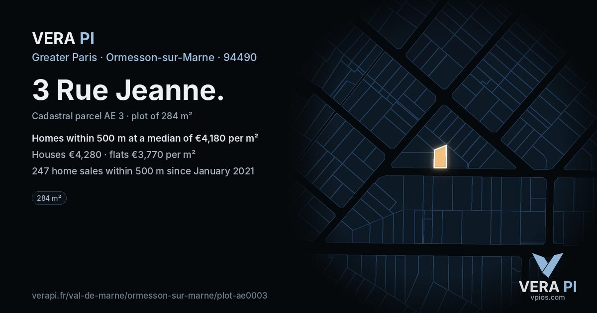 3 Rue Jeanne, Ormesson-sur-Marne at night – the plot lit, the parcels around coloured by the prices near them