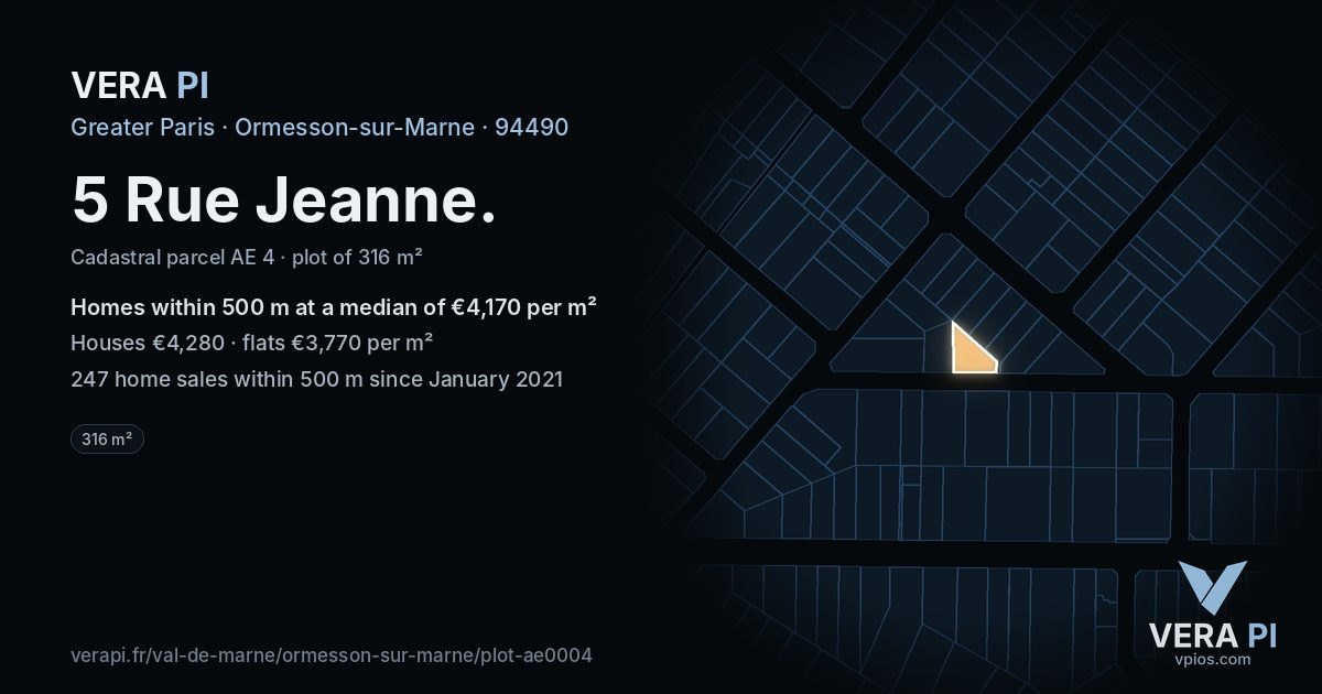 5 Rue Jeanne, Ormesson-sur-Marne at night – the plot lit, the parcels around coloured by the prices near them