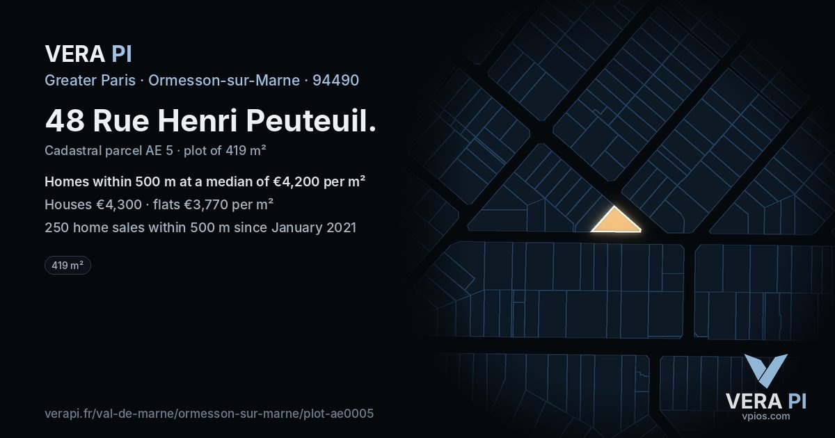 48 Rue Henri Peuteuil, Ormesson-sur-Marne at night – the plot lit, the parcels around coloured by the prices near them