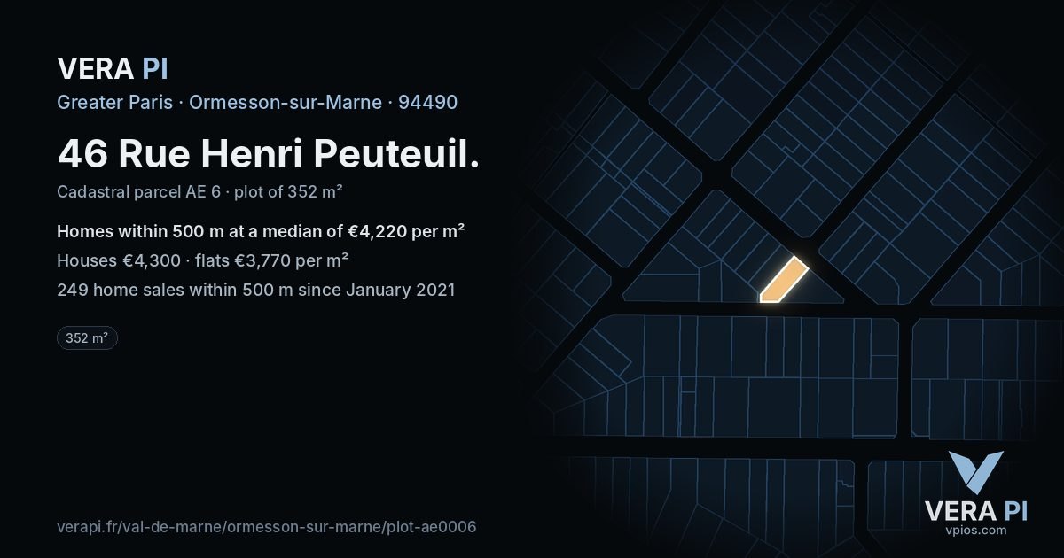 46 Rue Henri Peuteuil, Ormesson-sur-Marne at night – the plot lit, the parcels around coloured by the prices near them