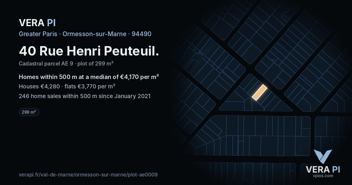 40 Rue Henri Peuteuil, Ormesson-sur-Marne at night – the plot lit, the parcels around coloured by the prices near them