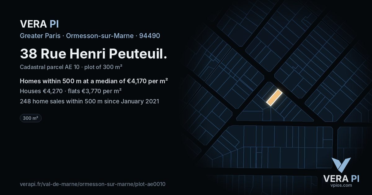 38 Rue Henri Peuteuil, Ormesson-sur-Marne at night – the plot lit, the parcels around coloured by the prices near them