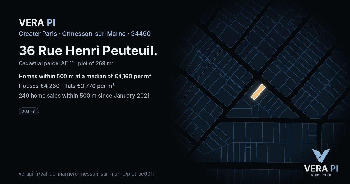 36 Rue Henri Peuteuil, Ormesson-sur-Marne at night – the plot lit, the parcels around coloured by the prices near them