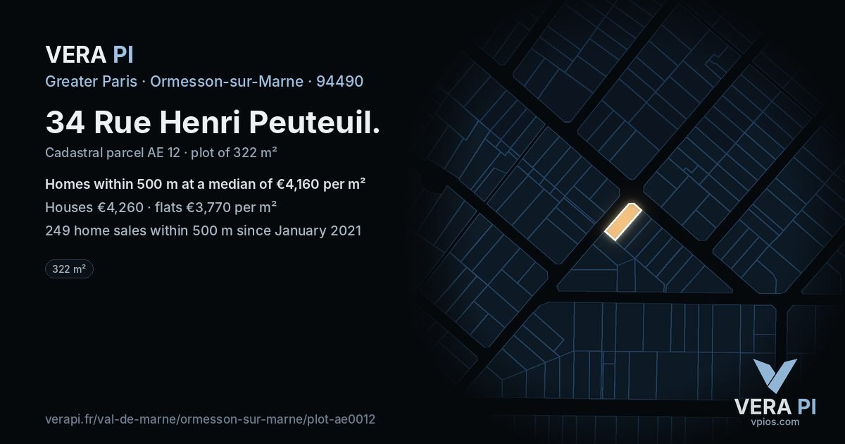 34 Rue Henri Peuteuil, Ormesson-sur-Marne at night – the plot lit, the parcels around coloured by the prices near them
