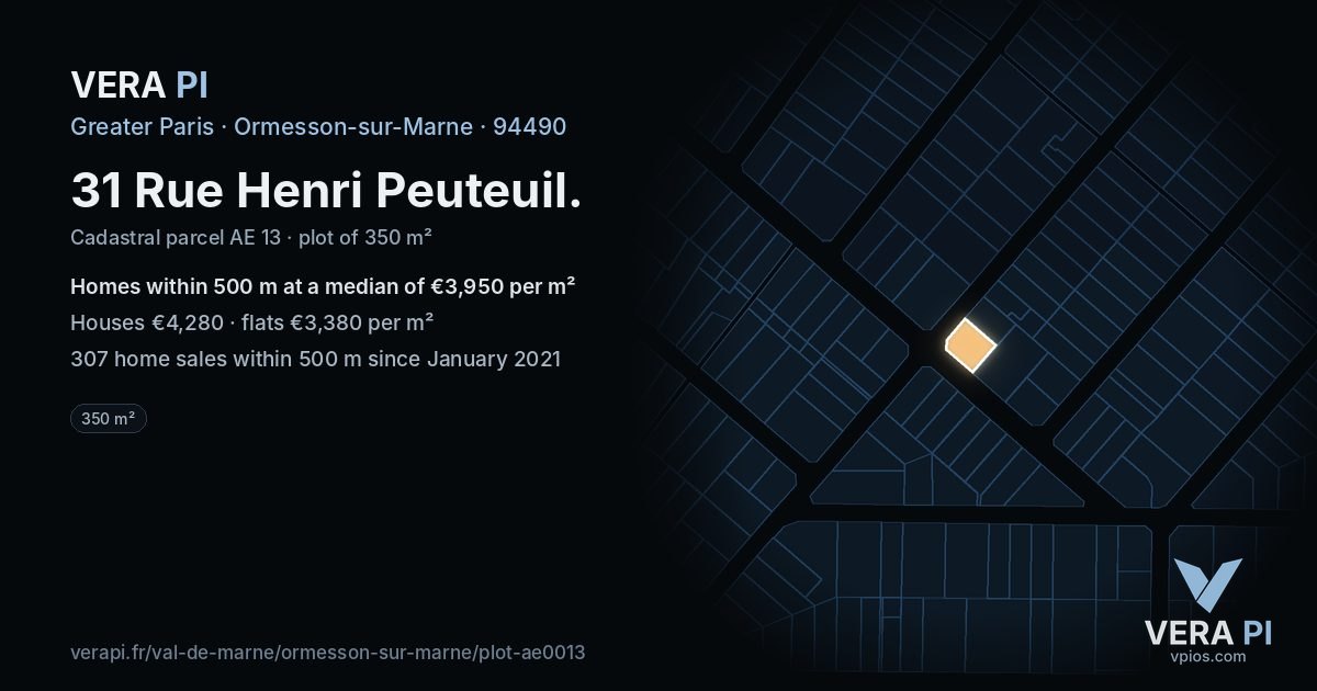 31 Rue Henri Peuteuil, Ormesson-sur-Marne at night – the plot lit, the parcels around coloured by the prices near them