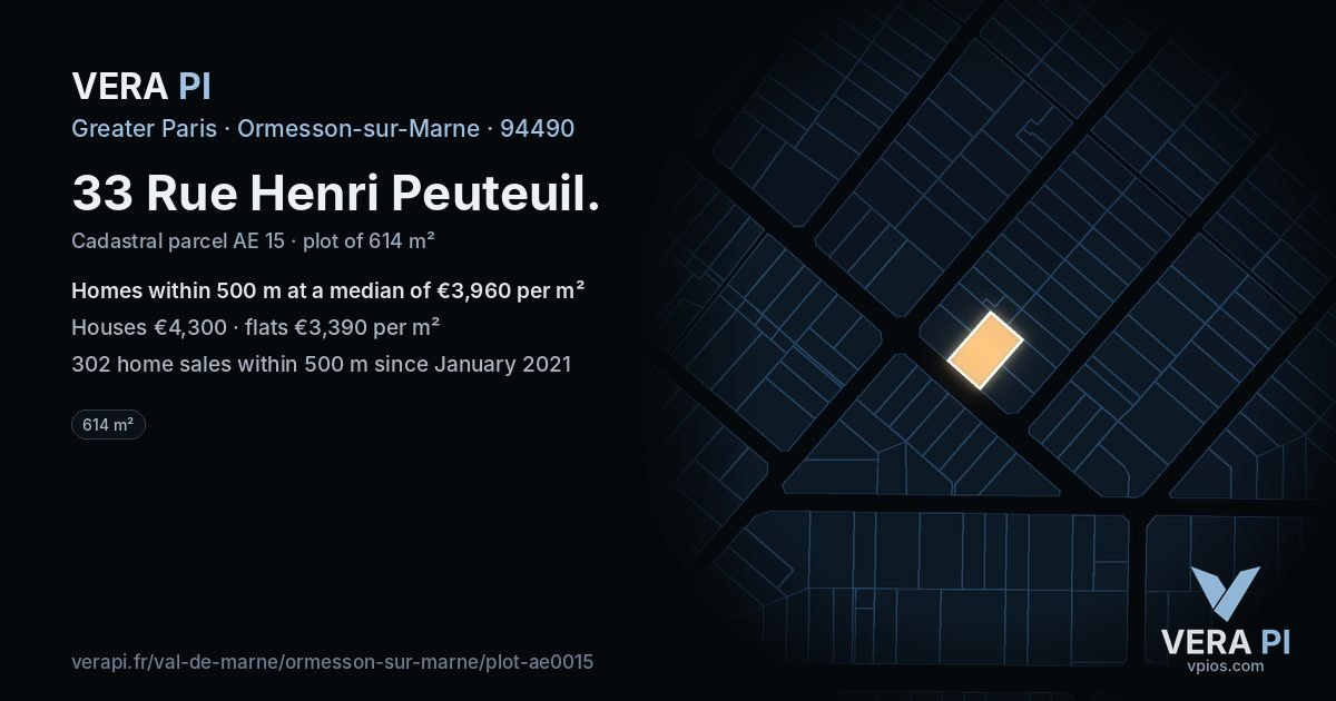 33 Rue Henri Peuteuil, Ormesson-sur-Marne at night – the plot lit, the parcels around coloured by the prices near them