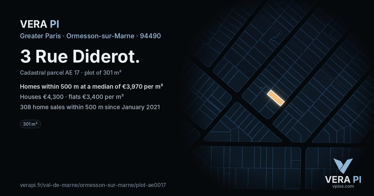 3 Rue Diderot, Ormesson-sur-Marne at night – the plot lit, the parcels around coloured by the prices near them