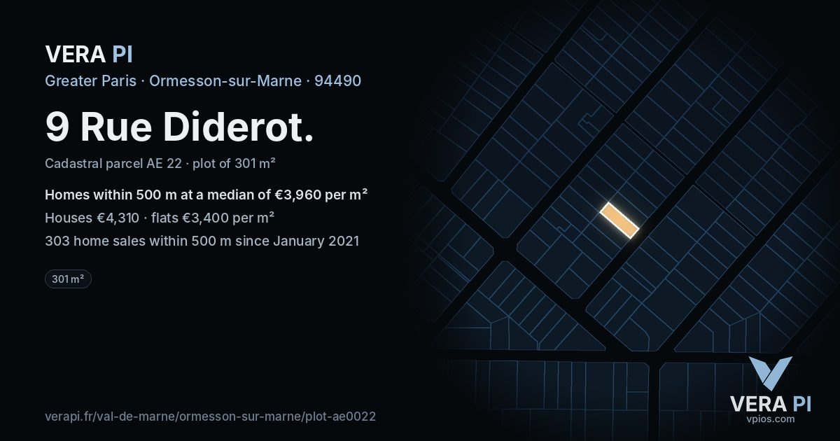9 Rue Diderot, Ormesson-sur-Marne at night – the plot lit, the parcels around coloured by the prices near them