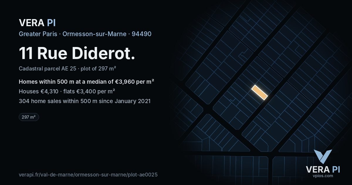 11 Rue Diderot, Ormesson-sur-Marne at night – the plot lit, the parcels around coloured by the prices near them