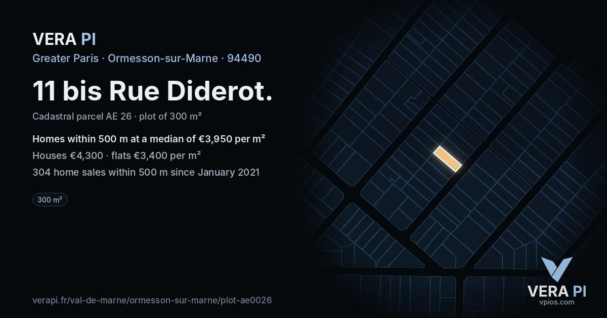 11 bis Rue Diderot, Ormesson-sur-Marne at night – the plot lit, the parcels around coloured by the prices near them