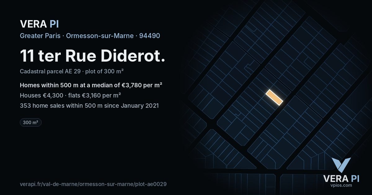 11 ter Rue Diderot, Ormesson-sur-Marne at night – the plot lit, the parcels around coloured by the prices near them