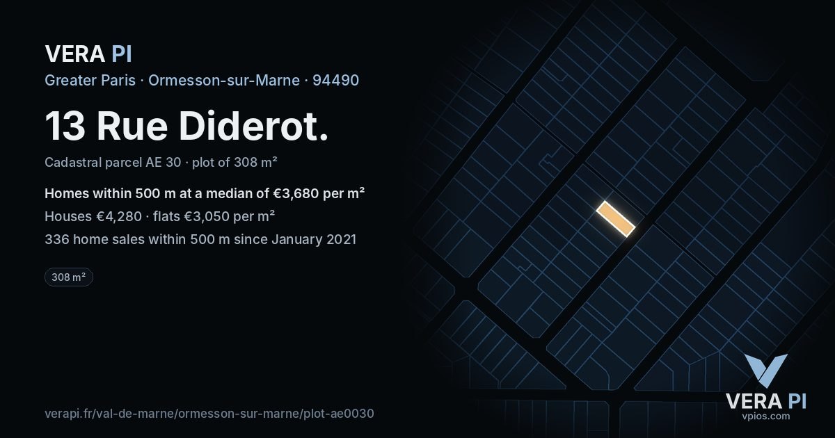 13 Rue Diderot, Ormesson-sur-Marne at night – the plot lit, the parcels around coloured by the prices near them