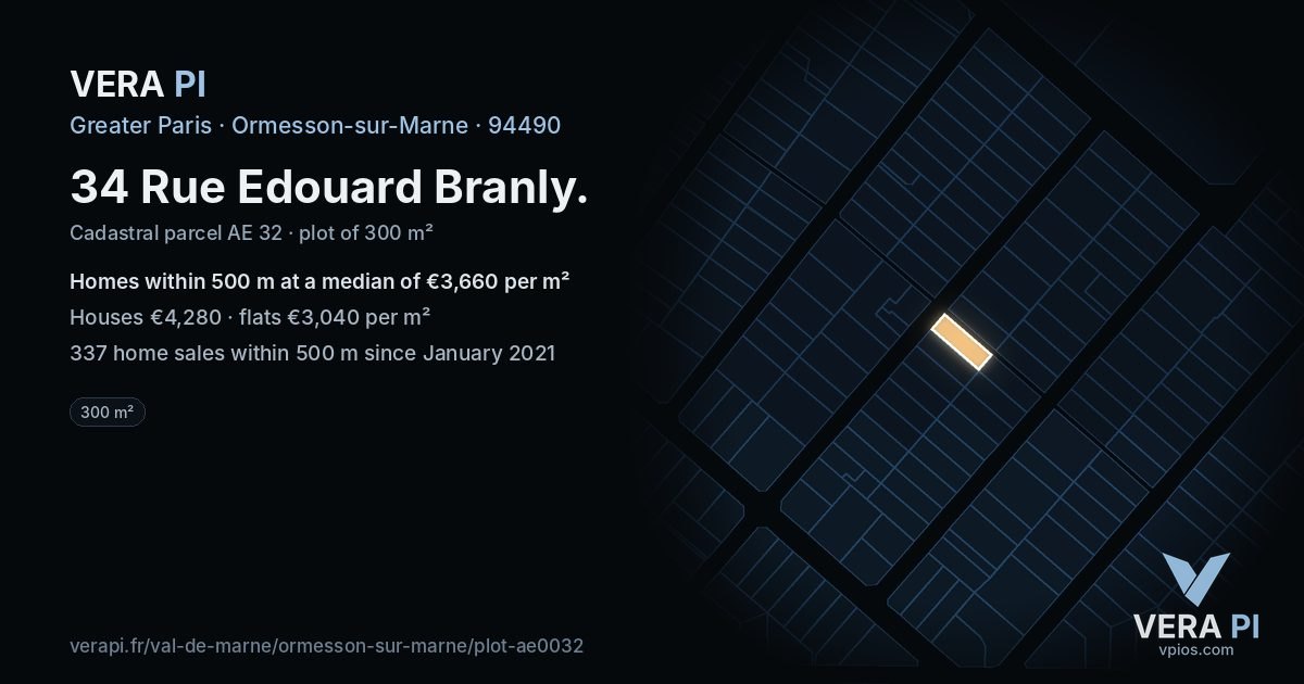 34 Rue Edouard Branly, Ormesson-sur-Marne at night – the plot lit, the parcels around coloured by the prices near them