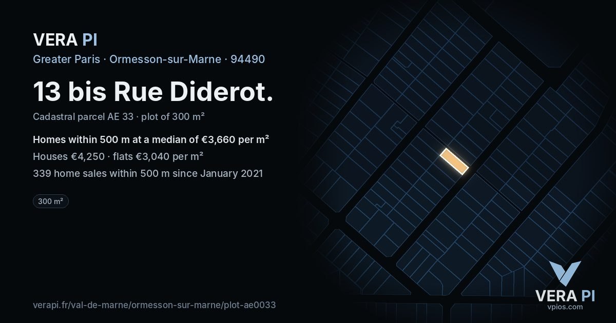 13 bis Rue Diderot, Ormesson-sur-Marne at night – the plot lit, the parcels around coloured by the prices near them