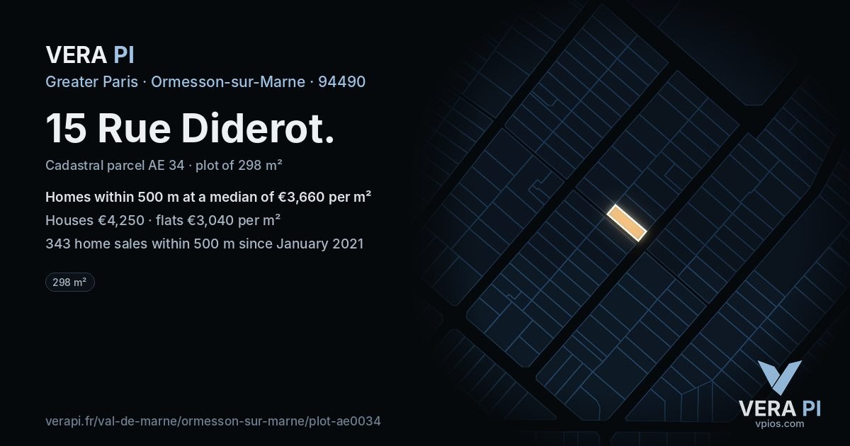 15 Rue Diderot, Ormesson-sur-Marne at night – the plot lit, the parcels around coloured by the prices near them