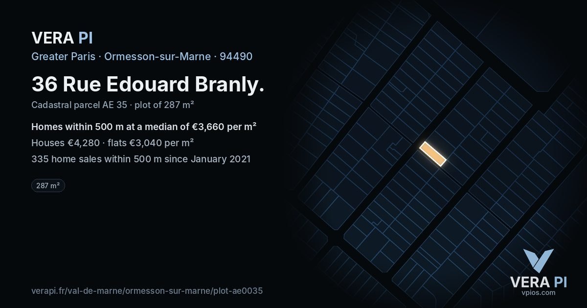 36 Rue Edouard Branly, Ormesson-sur-Marne at night – the plot lit, the parcels around coloured by the prices near them