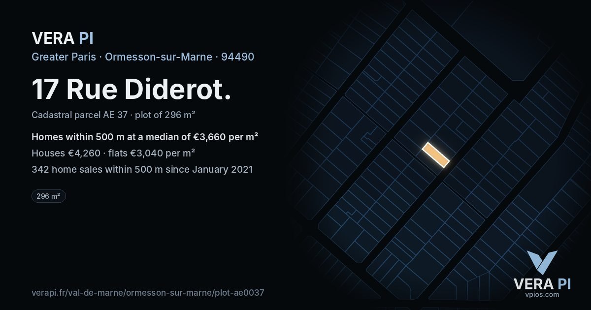 17 Rue Diderot, Ormesson-sur-Marne at night – the plot lit, the parcels around coloured by the prices near them
