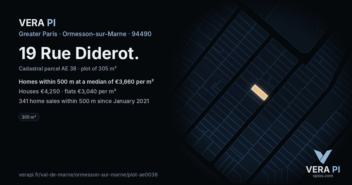 19 Rue Diderot, Ormesson-sur-Marne at night – the plot lit, the parcels around coloured by the prices near them