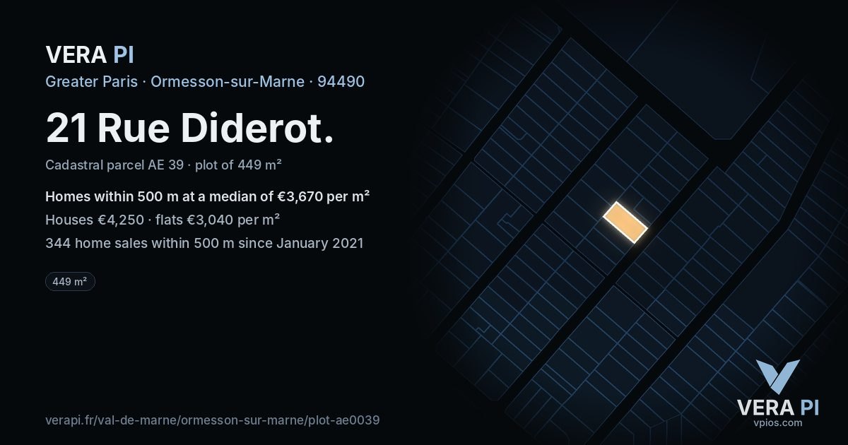 21 Rue Diderot, Ormesson-sur-Marne at night – the plot lit, the parcels around coloured by the prices near them