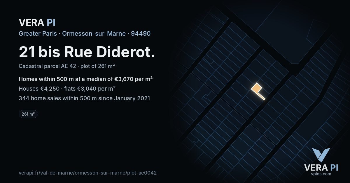 21 bis Rue Diderot, Ormesson-sur-Marne at night – the plot lit, the parcels around coloured by the prices near them