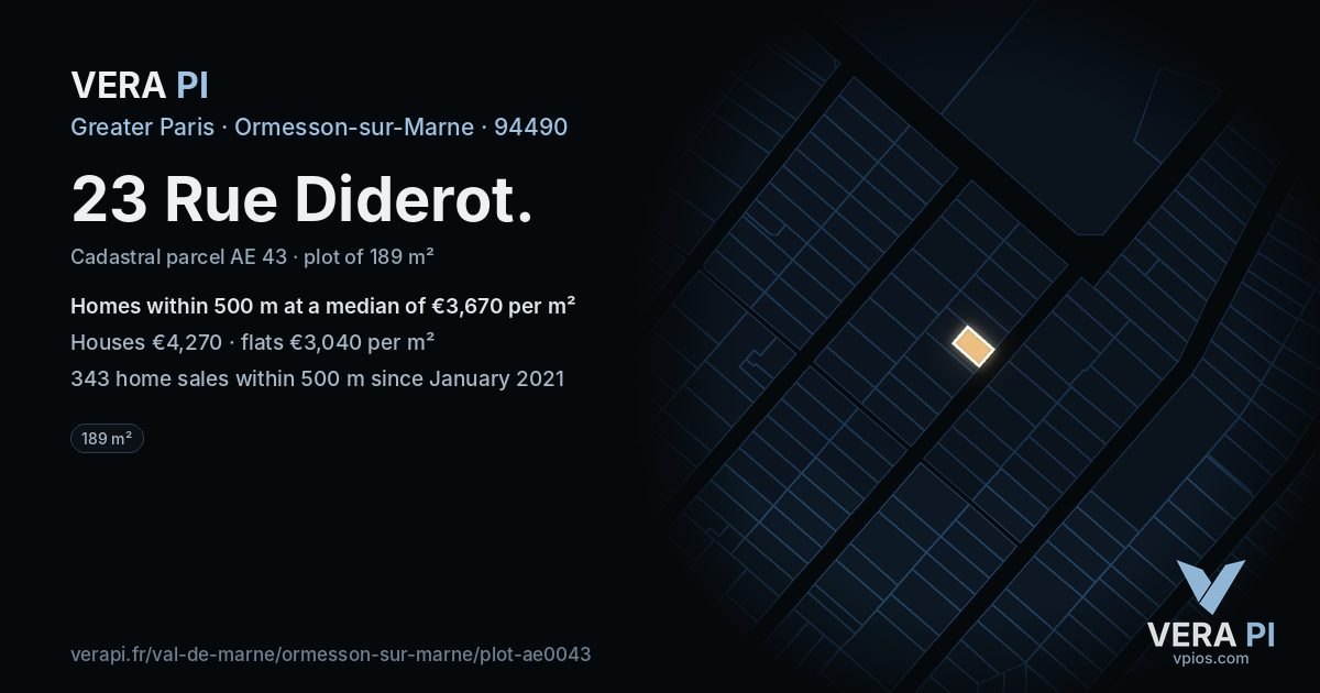 23 Rue Diderot, Ormesson-sur-Marne at night – the plot lit, the parcels around coloured by the prices near them