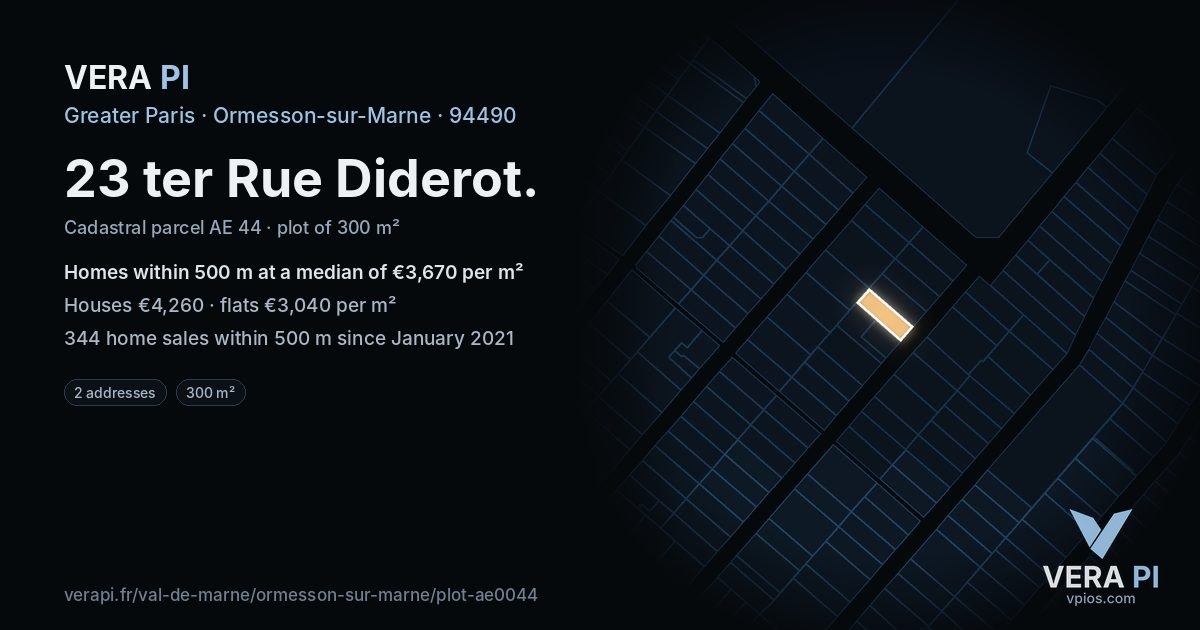 23 ter Rue Diderot, Ormesson-sur-Marne at night – the plot lit, the parcels around coloured by the prices near them