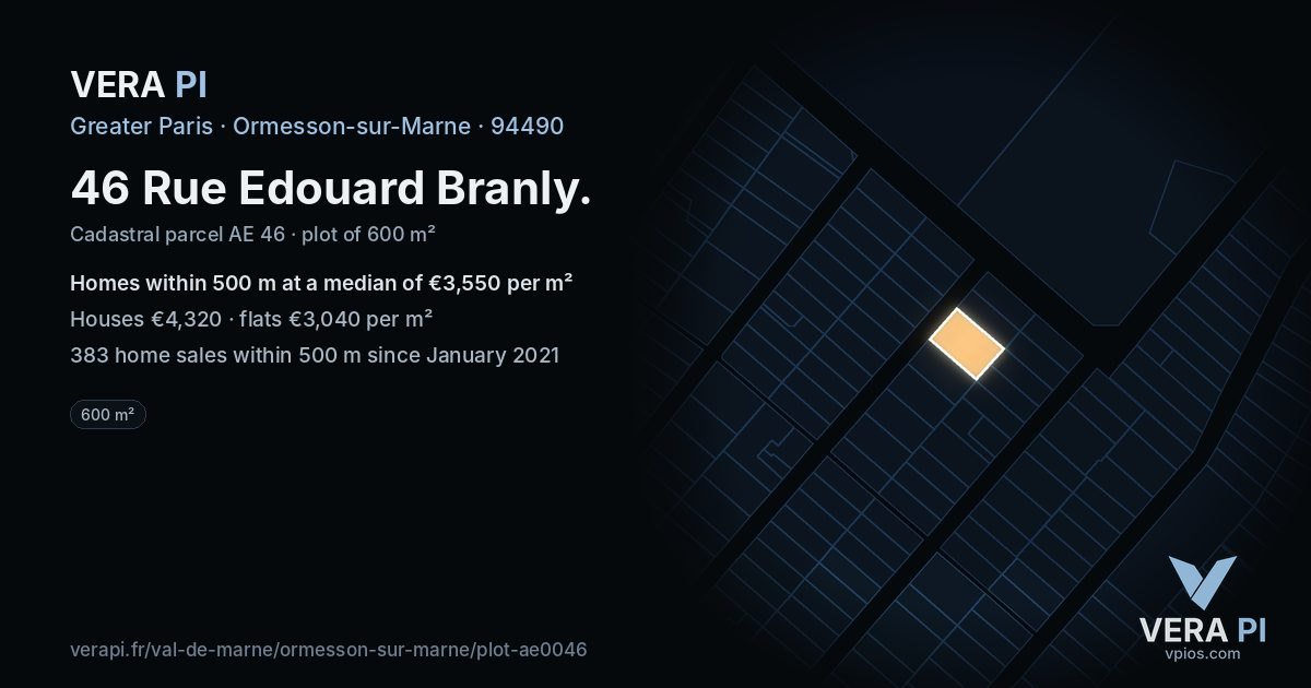 46 Rue Edouard Branly, Ormesson-sur-Marne at night – the plot lit, the parcels around coloured by the prices near them