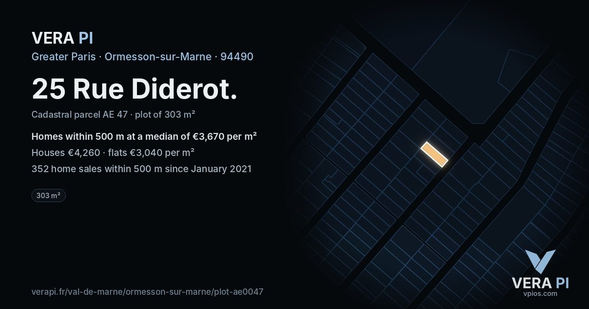 25 Rue Diderot, Ormesson-sur-Marne at night – the plot lit, the parcels around coloured by the prices near them