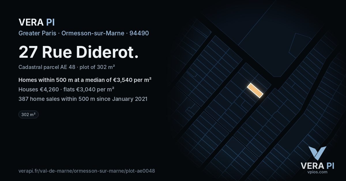 27 Rue Diderot, Ormesson-sur-Marne at night – the plot lit, the parcels around coloured by the prices near them