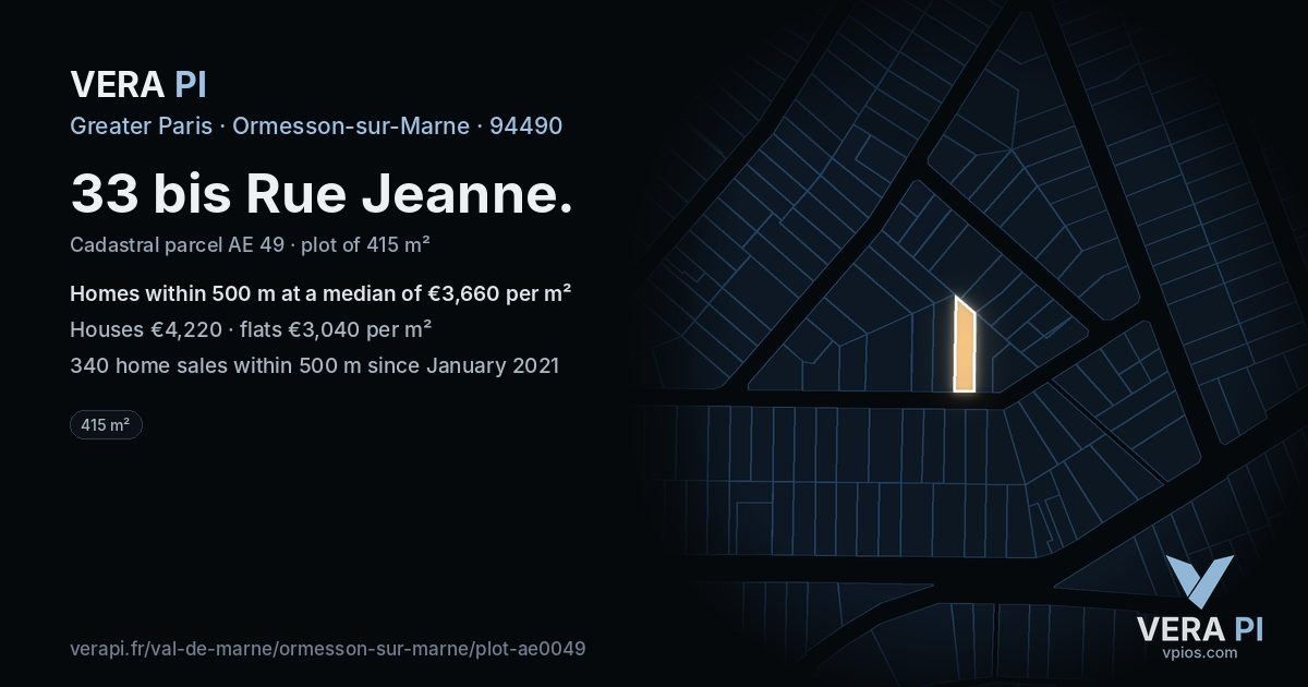 33 bis Rue Jeanne, Ormesson-sur-Marne at night – the plot lit, the parcels around coloured by the prices near them