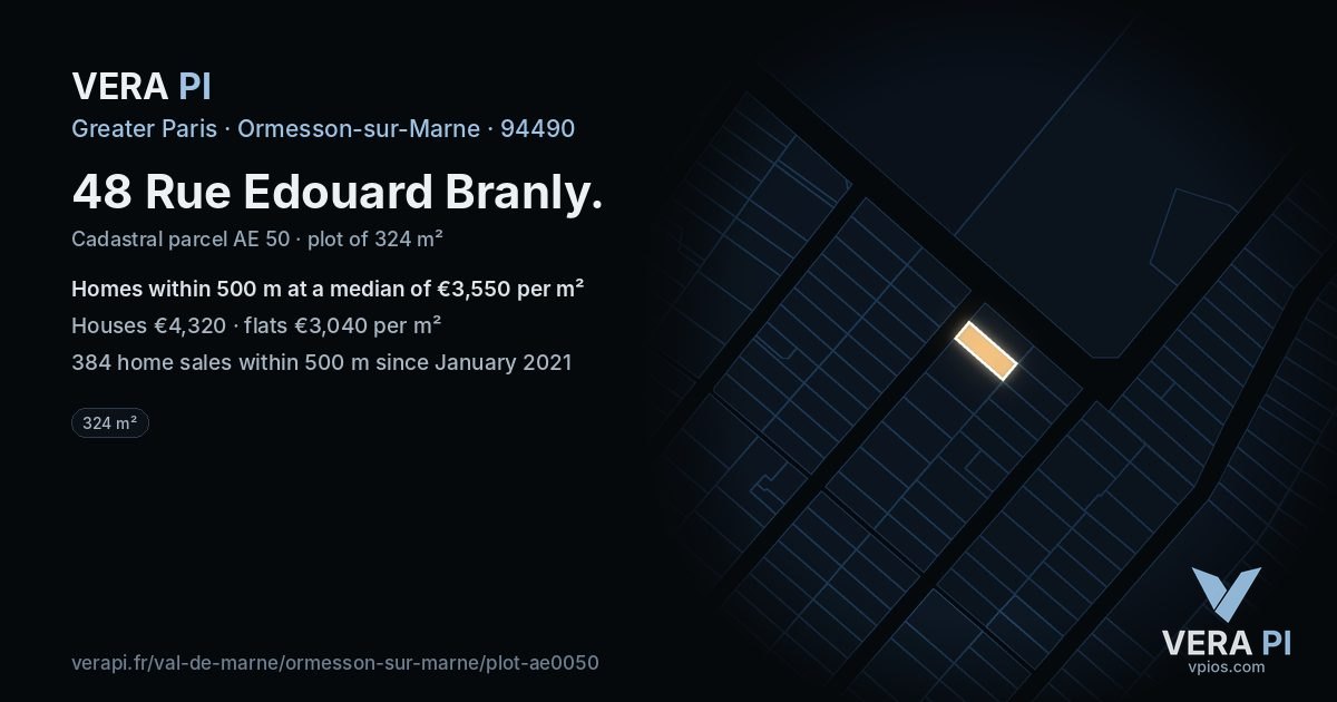 48 Rue Edouard Branly, Ormesson-sur-Marne at night – the plot lit, the parcels around coloured by the prices near them