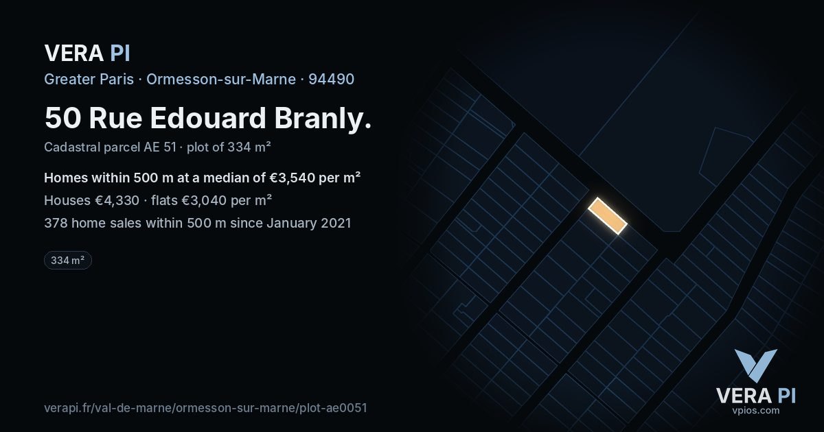 50 Rue Edouard Branly, Ormesson-sur-Marne at night – the plot lit, the parcels around coloured by the prices near them