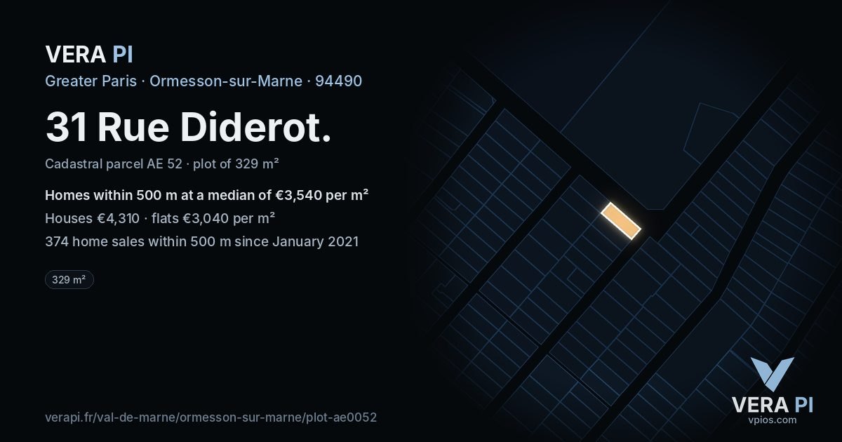31 Rue Diderot, Ormesson-sur-Marne at night – the plot lit, the parcels around coloured by the prices near them