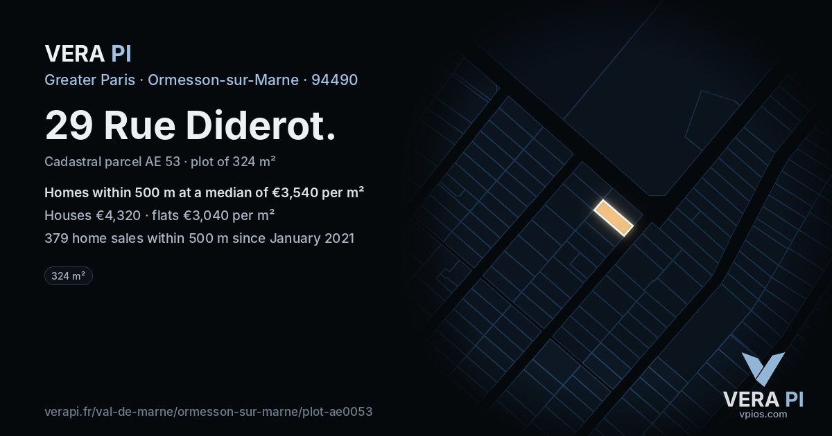 29 Rue Diderot, Ormesson-sur-Marne at night – the plot lit, the parcels around coloured by the prices near them