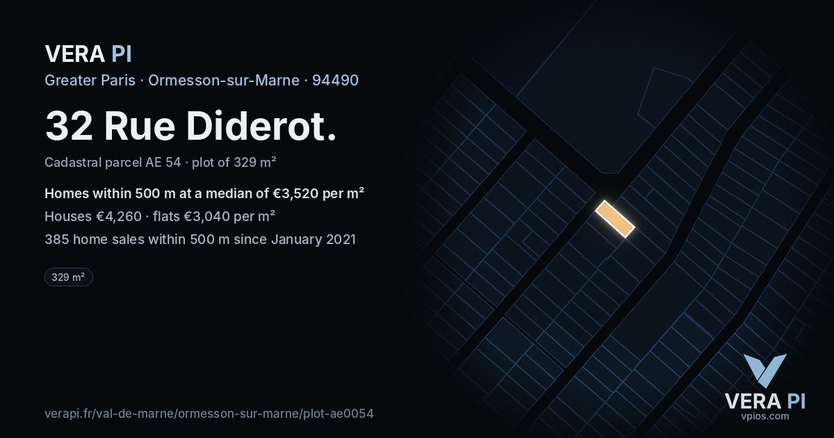 32 Rue Diderot, Ormesson-sur-Marne at night – the plot lit, the parcels around coloured by the prices near them
