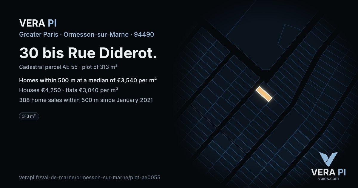 30 bis Rue Diderot, Ormesson-sur-Marne at night – the plot lit, the parcels around coloured by the prices near them