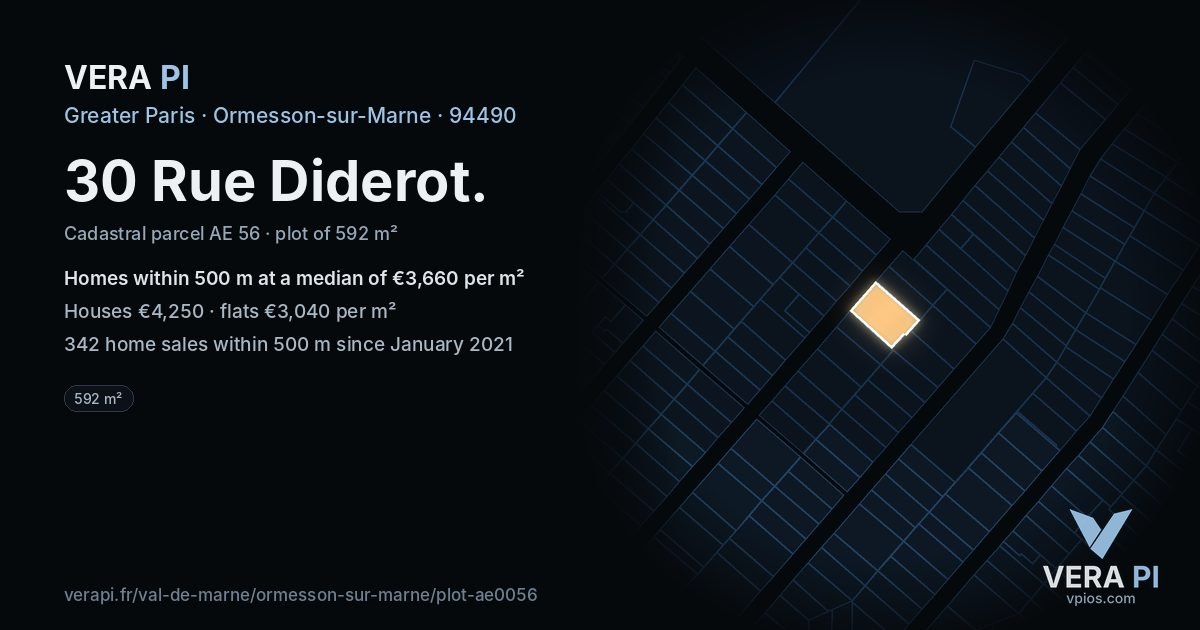 30 Rue Diderot, Ormesson-sur-Marne at night – the plot lit, the parcels around coloured by the prices near them