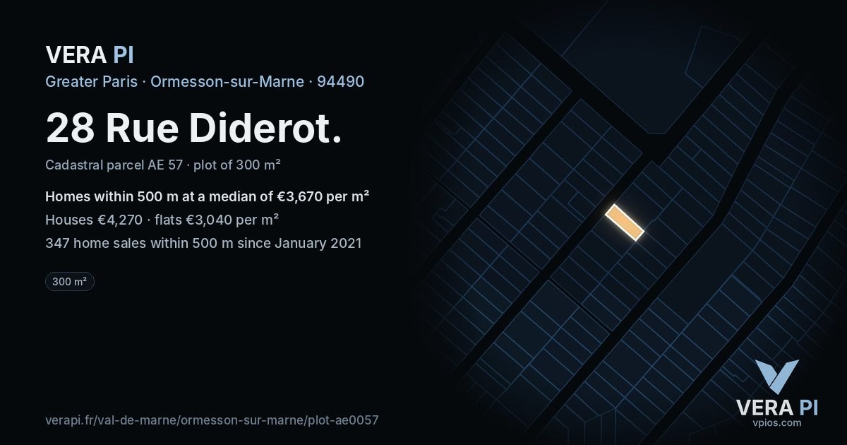 28 Rue Diderot, Ormesson-sur-Marne at night – the plot lit, the parcels around coloured by the prices near them