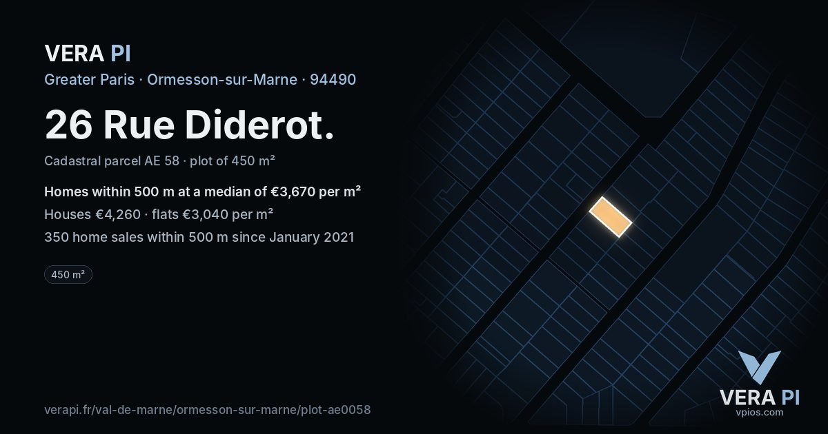 26 Rue Diderot, Ormesson-sur-Marne at night – the plot lit, the parcels around coloured by the prices near them