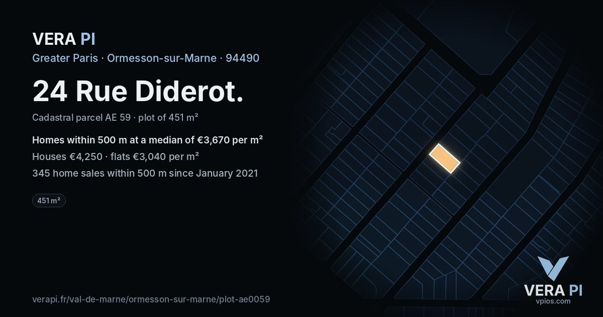 24 Rue Diderot, Ormesson-sur-Marne at night – the plot lit, the parcels around coloured by the prices near them