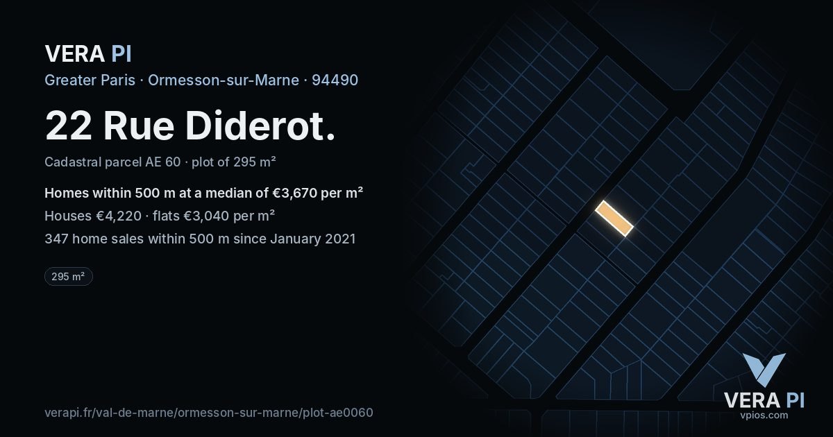 22 Rue Diderot, Ormesson-sur-Marne at night – the plot lit, the parcels around coloured by the prices near them