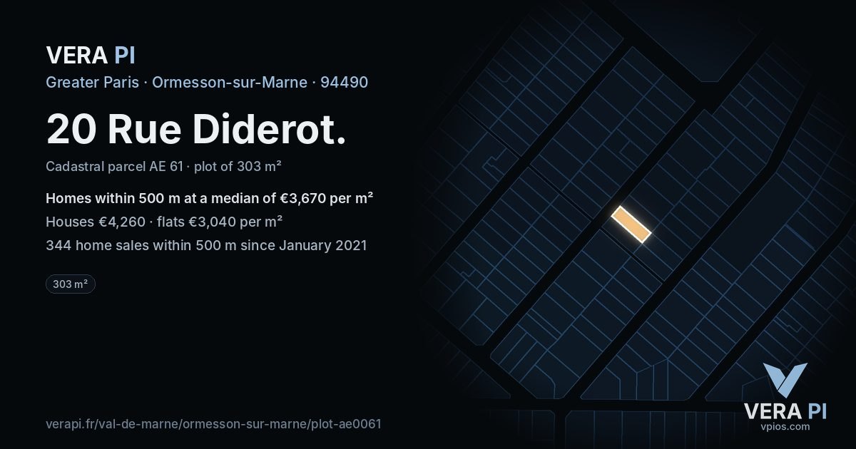 20 Rue Diderot, Ormesson-sur-Marne at night – the plot lit, the parcels around coloured by the prices near them