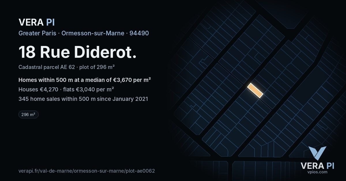 18 Rue Diderot, Ormesson-sur-Marne at night – the plot lit, the parcels around coloured by the prices near them
