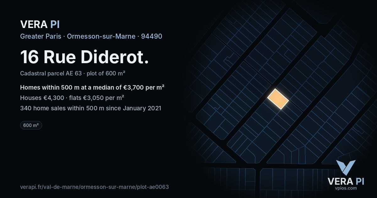 16 Rue Diderot, Ormesson-sur-Marne at night – the plot lit, the parcels around coloured by the prices near them