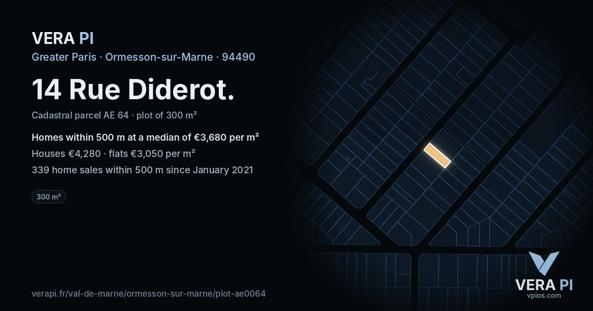 14 Rue Diderot, Ormesson-sur-Marne at night – the plot lit, the parcels around coloured by the prices near them