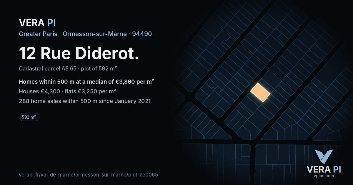 12 Rue Diderot, Ormesson-sur-Marne at night – the plot lit, the parcels around coloured by the prices near them