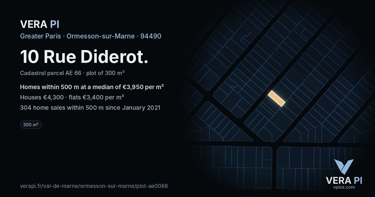 10 Rue Diderot, Ormesson-sur-Marne at night – the plot lit, the parcels around coloured by the prices near them