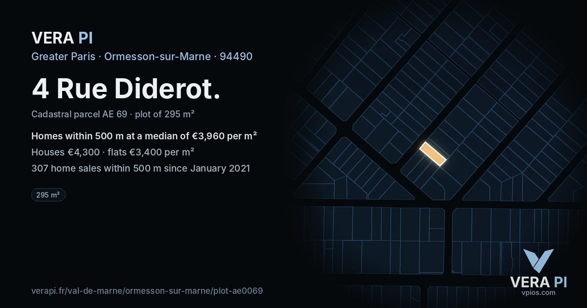4 Rue Diderot, Ormesson-sur-Marne at night – the plot lit, the parcels around coloured by the prices near them