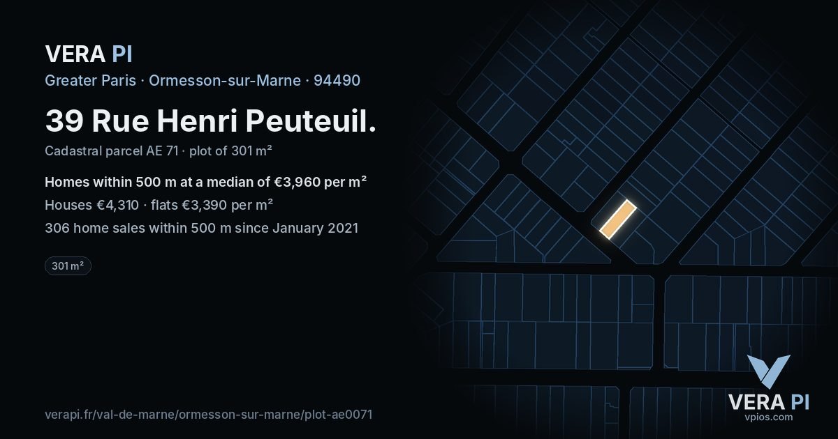 39 Rue Henri Peuteuil, Ormesson-sur-Marne at night – the plot lit, the parcels around coloured by the prices near them