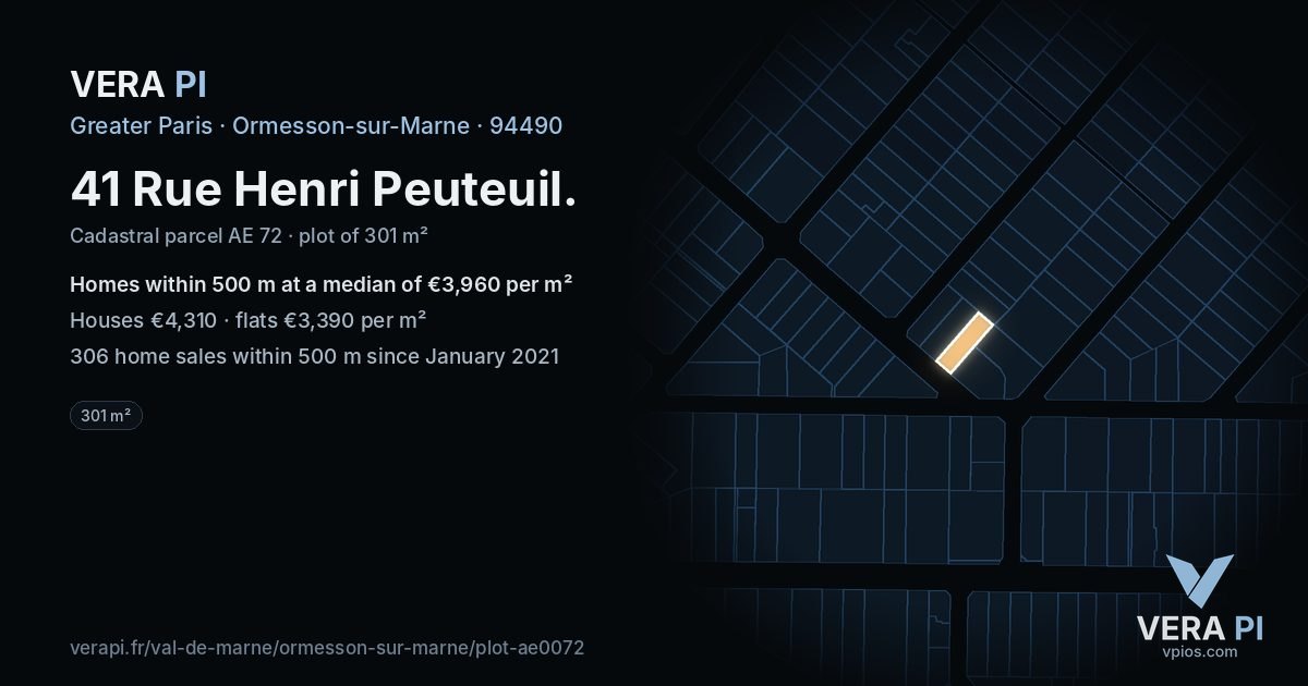 41 Rue Henri Peuteuil, Ormesson-sur-Marne at night – the plot lit, the parcels around coloured by the prices near them